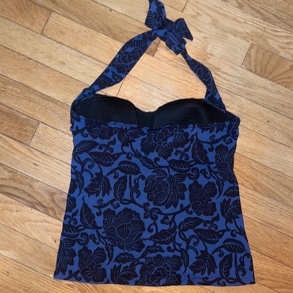 Floral Halter Tankini Top Blue Black Swimsuit Top Ruched Swimwear size 6 - Picture 3 of 5